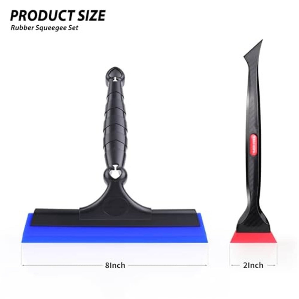 Window rubber squeegee set showing 8-inch blue blade and slim black scraper with red tip
