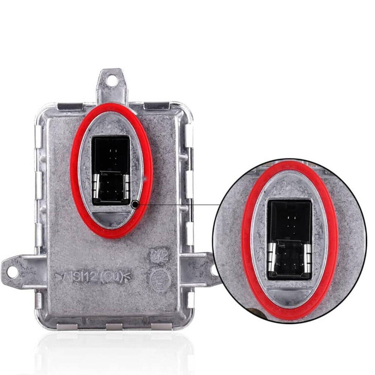 Xenon HID igniter module with oval electrical socket, red rim, and metal housing