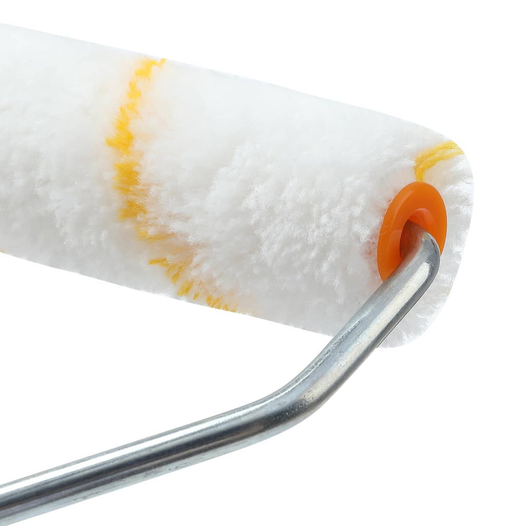 Close-up of white roller cover with orange end cap on curved metal handle