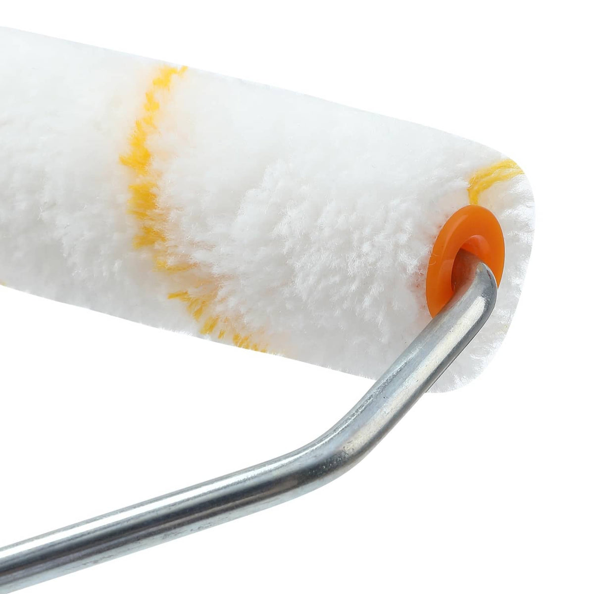 Close-up of white roller cover with orange end cap on curved metal handle