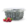 Clear plastic produce container with hinged lid, filled with blueberries