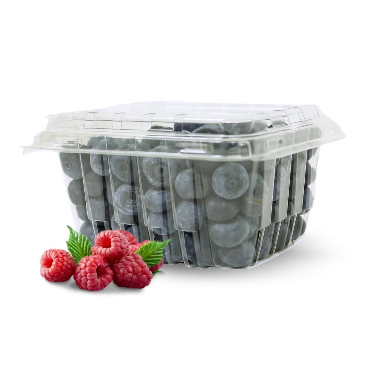 Clear plastic produce container with hinged lid, filled with blueberries