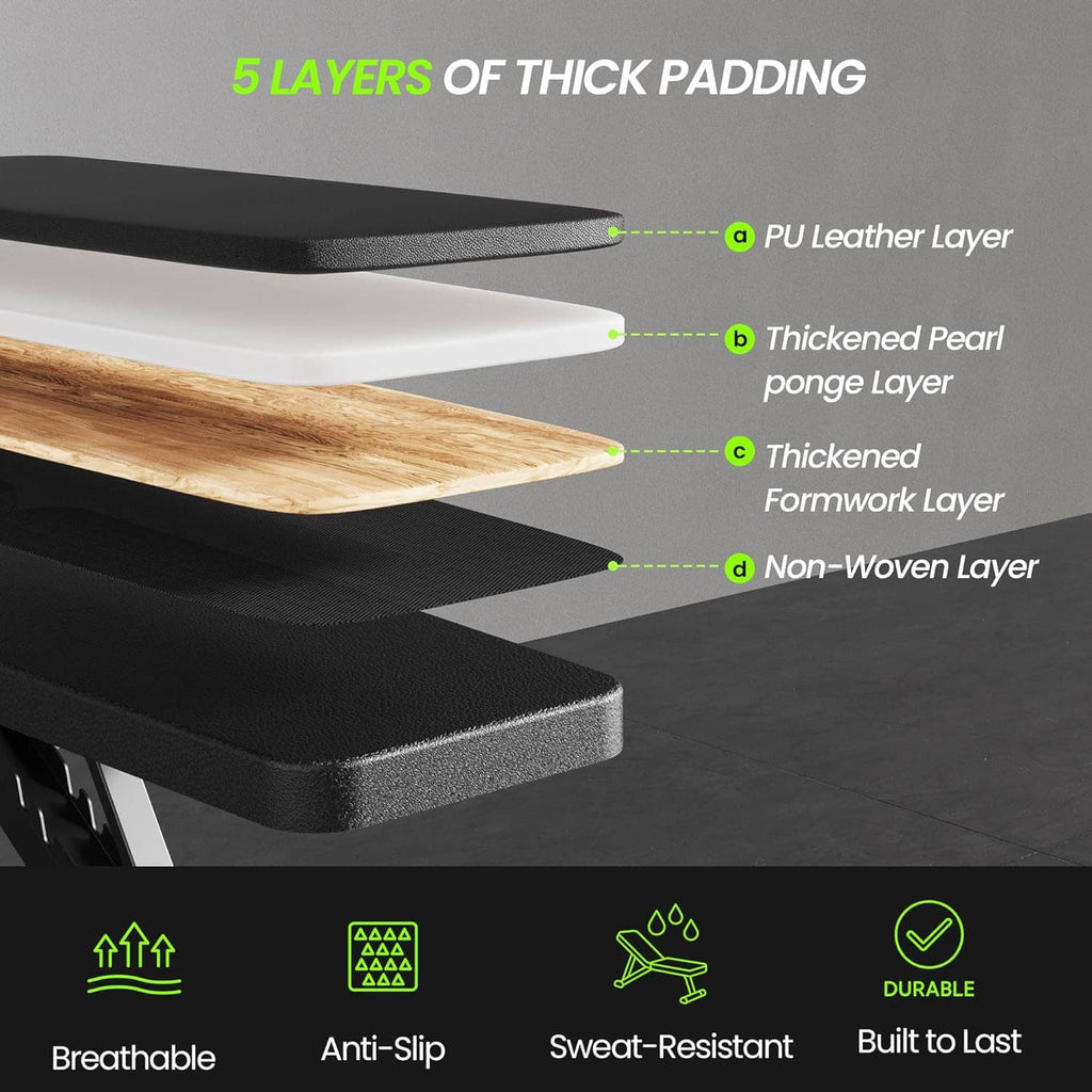 Thick padded weight bench seat with layered upholstery and anti-slip surface