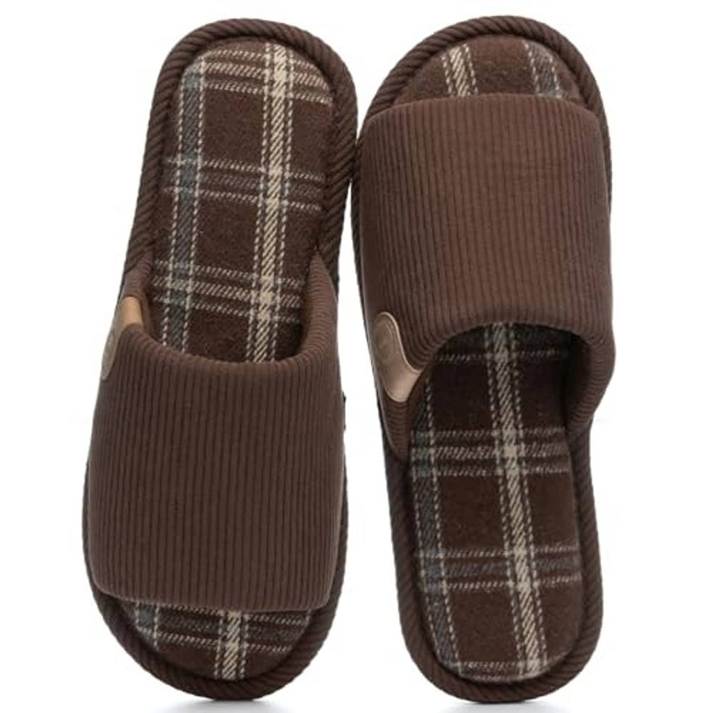 Pair of brown corduroy slip-on slippers with plaid inner lining and cushioned footbed