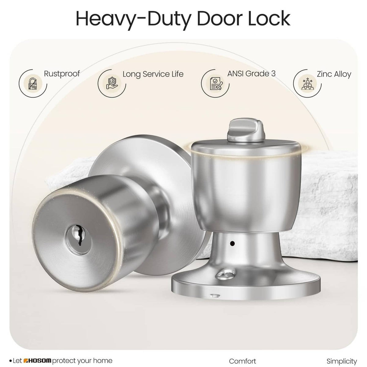 Heavy-duty satin nickel keyed door knob lock with durable round cylinder and base