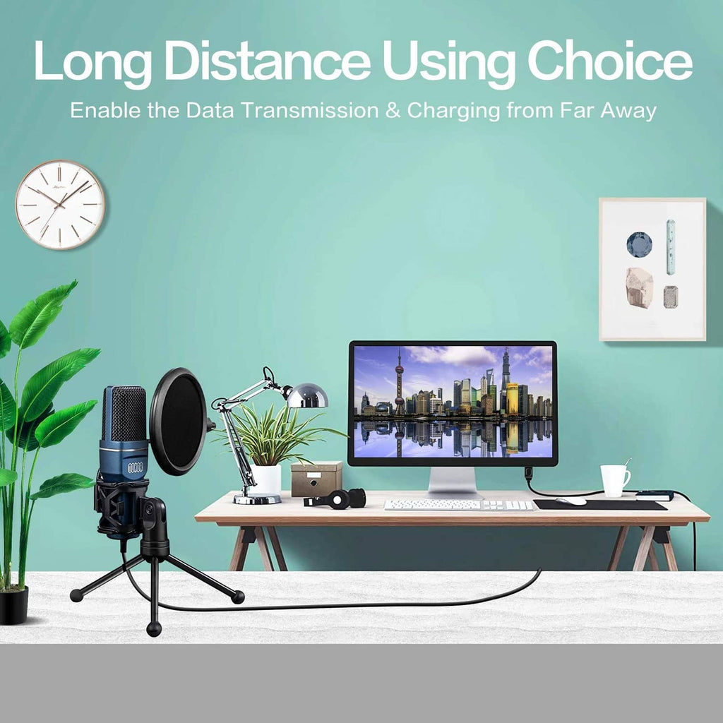 Black USB Type-A to Mini-B cable for long-distance data and charging setup