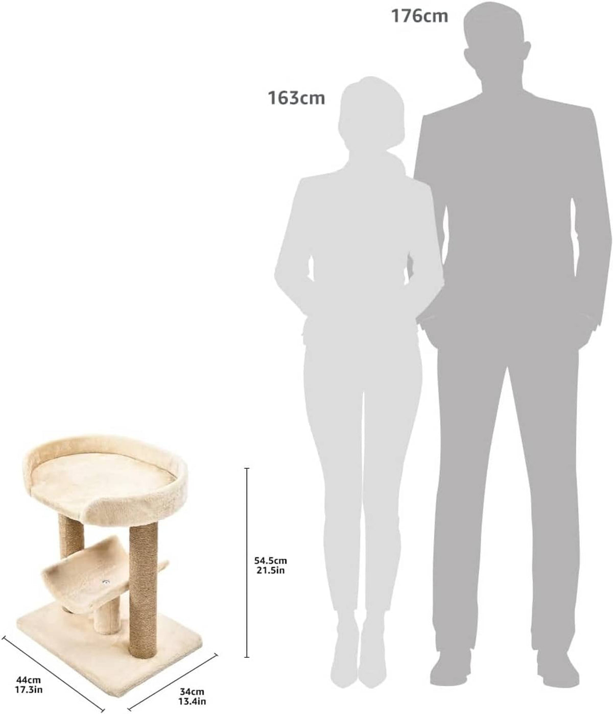 Cat tree size diagram with human silhouettes and measurements