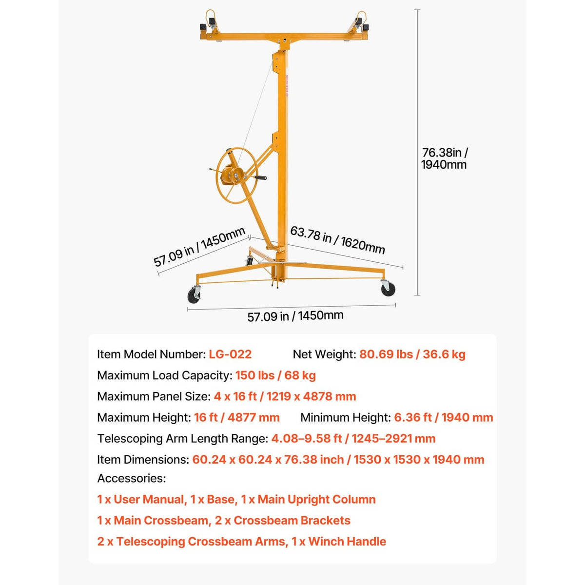 Orange adjustable drywall lifter hoist with winch, telescoping arm, and four caster wheels.