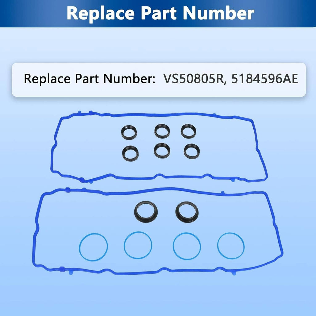 Blue valve cover gasket set with black sealing rings, two-piece layout.