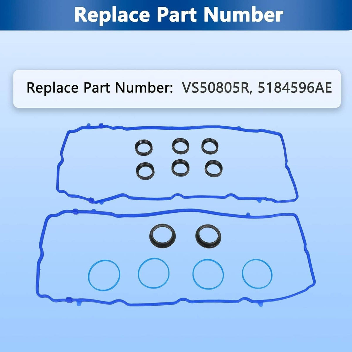 Blue valve cover gasket set with black sealing rings, two-piece layout.