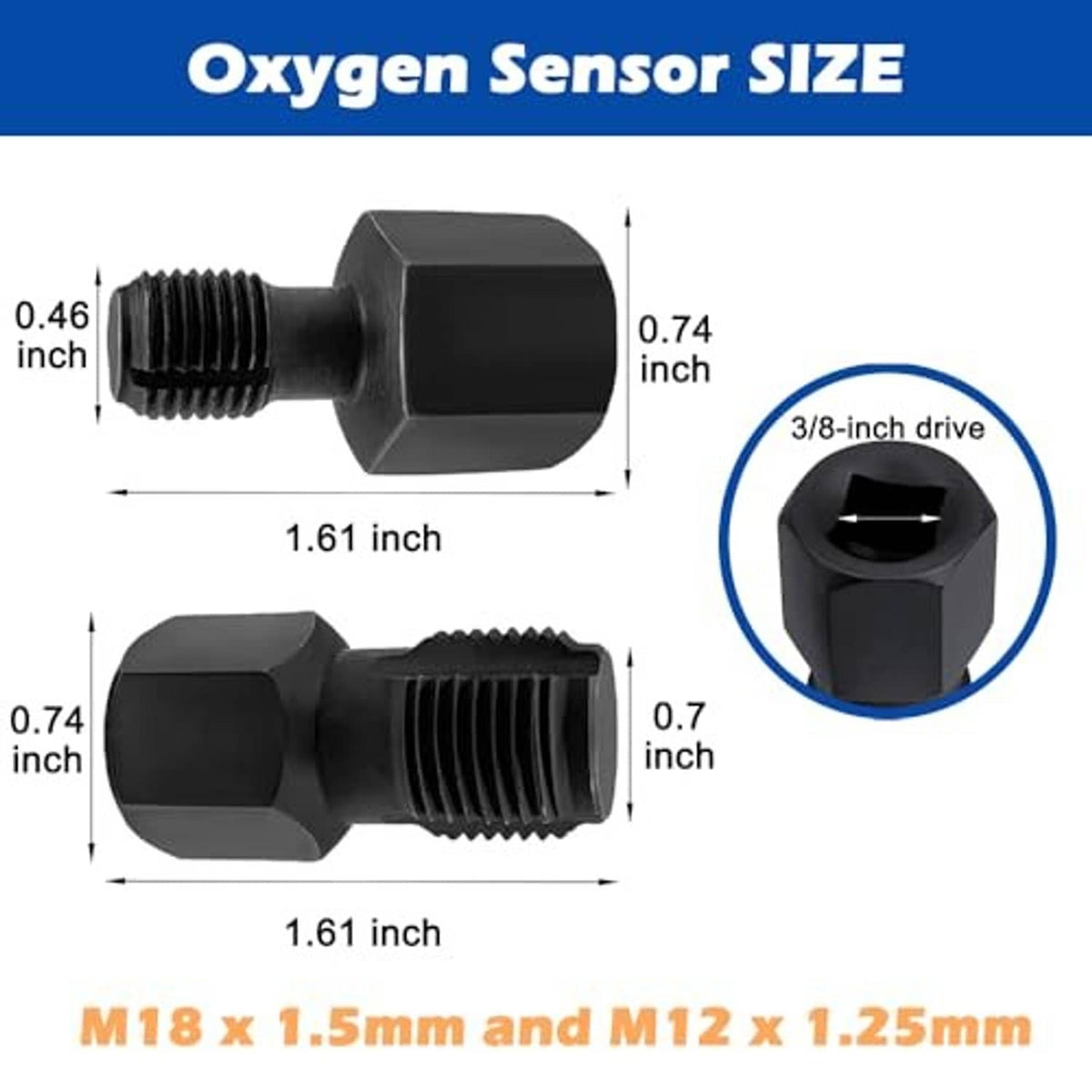 Oxygen sensor thread chasers, black hex inserts with cut threads and measurement view (2pcs)