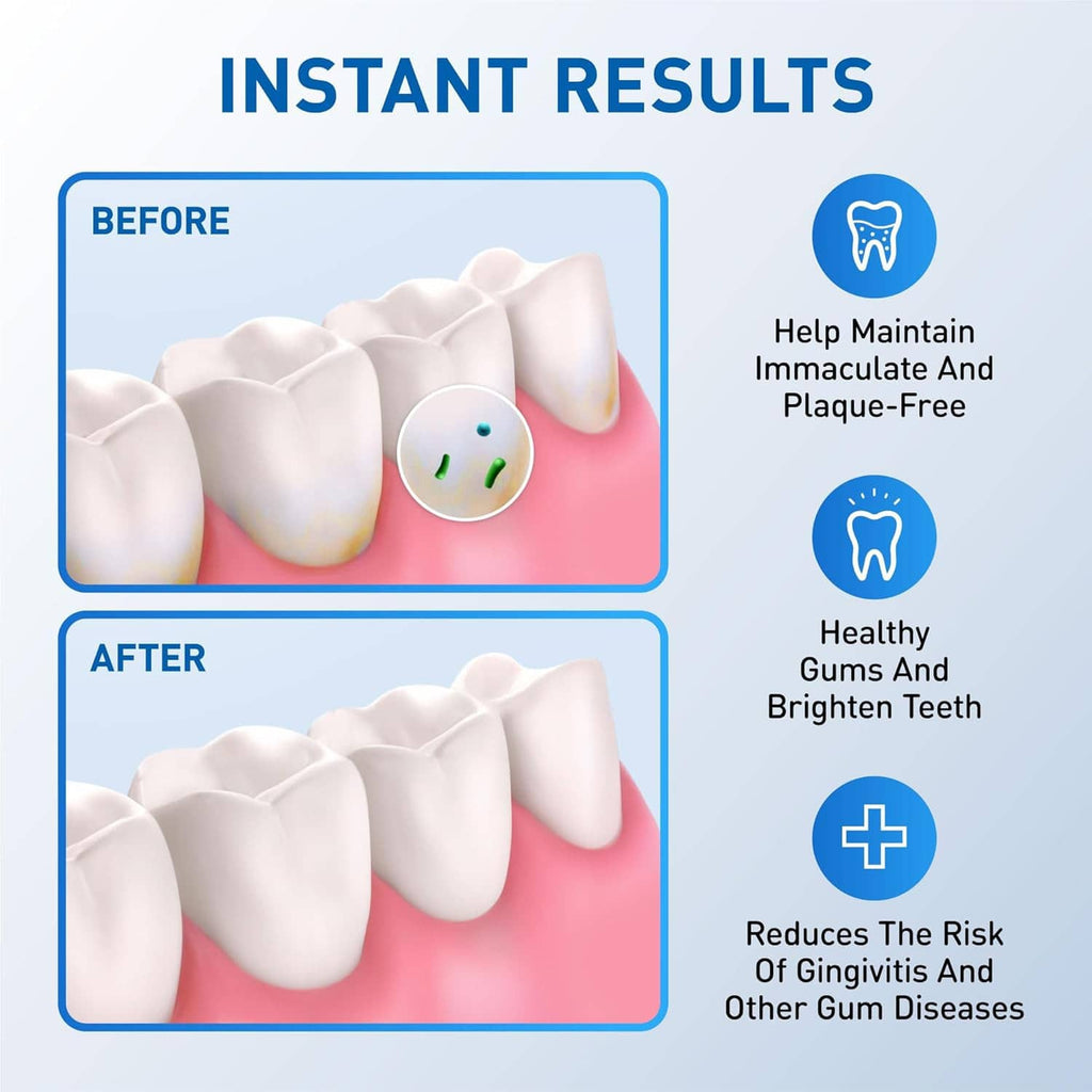 Water flosser replacement tip concept with plaque-free teeth before and after