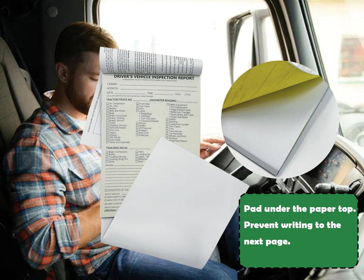 Driver’s vehicle inspection report form with extra pages under top sheet, in car