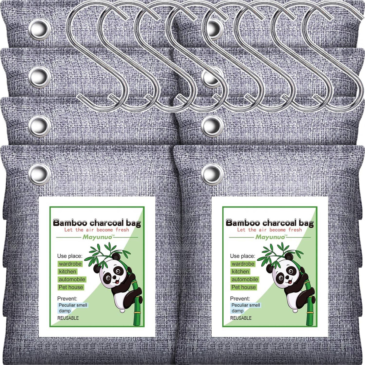 Grey cloth odor absorber bag with metal grommet and printed label.