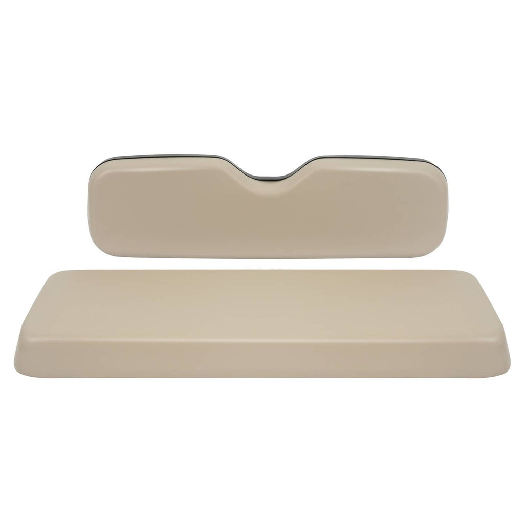 Tan molded golf cart seat bottom and backrest cushions, contoured shape