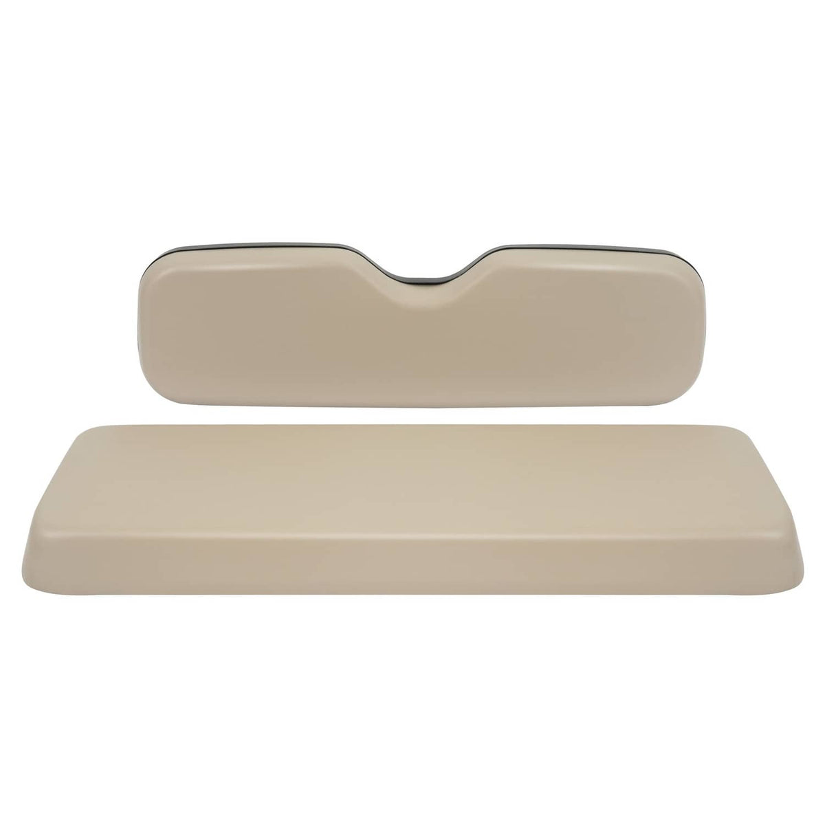 Tan molded golf cart seat bottom and backrest cushions, contoured shape