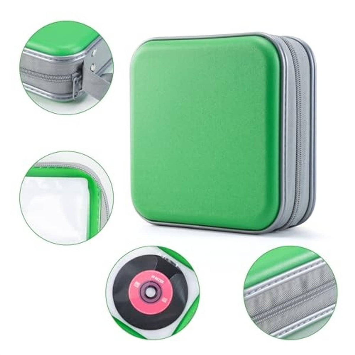 Green hard plastic DVD/CD case with zipper, corner close-up and grommet details