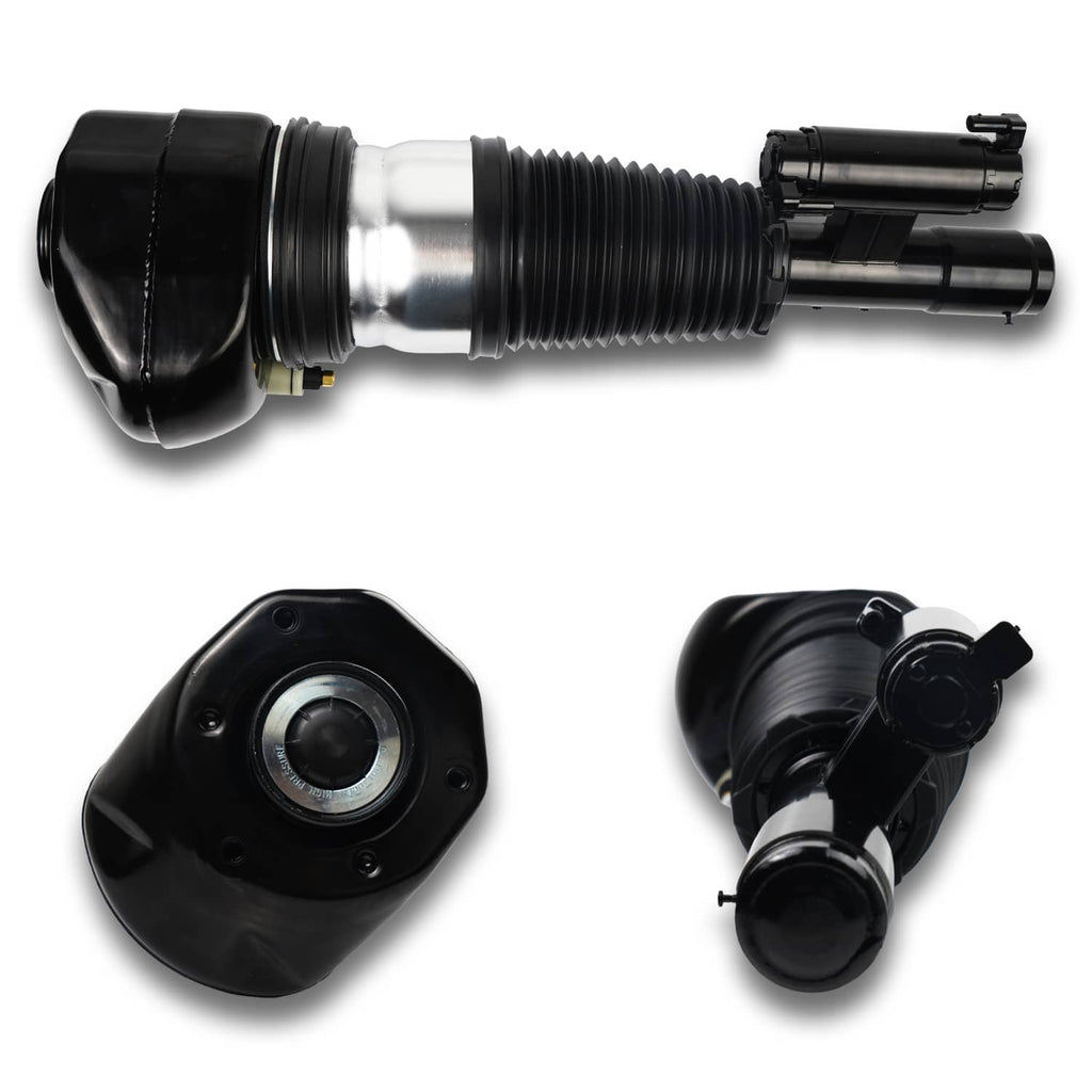 Air suspension strut set with black air springs, silver shaft, and side mounting plates