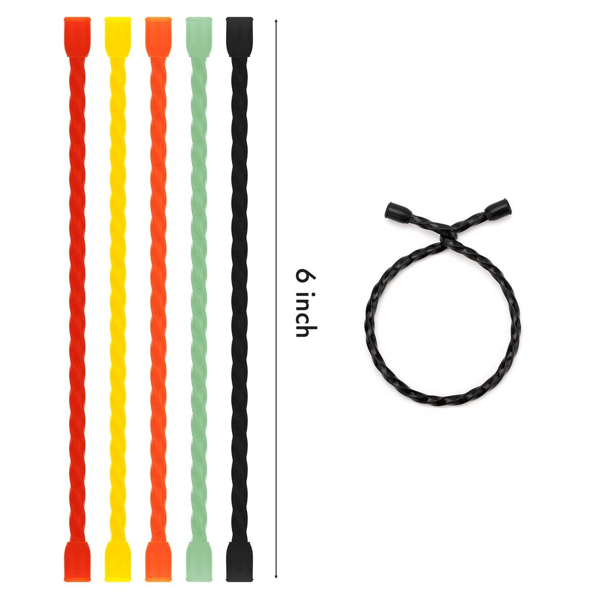 6-inch reusable silicone cable ties set, assorted colors, with tied loop and size reference