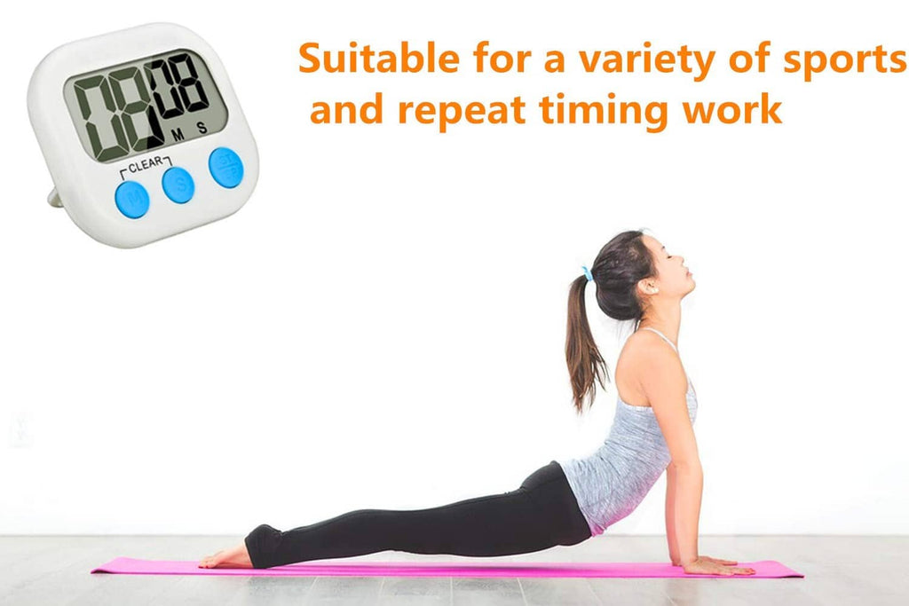 White digital kitchen timer with large LCD digits and three round buttons.