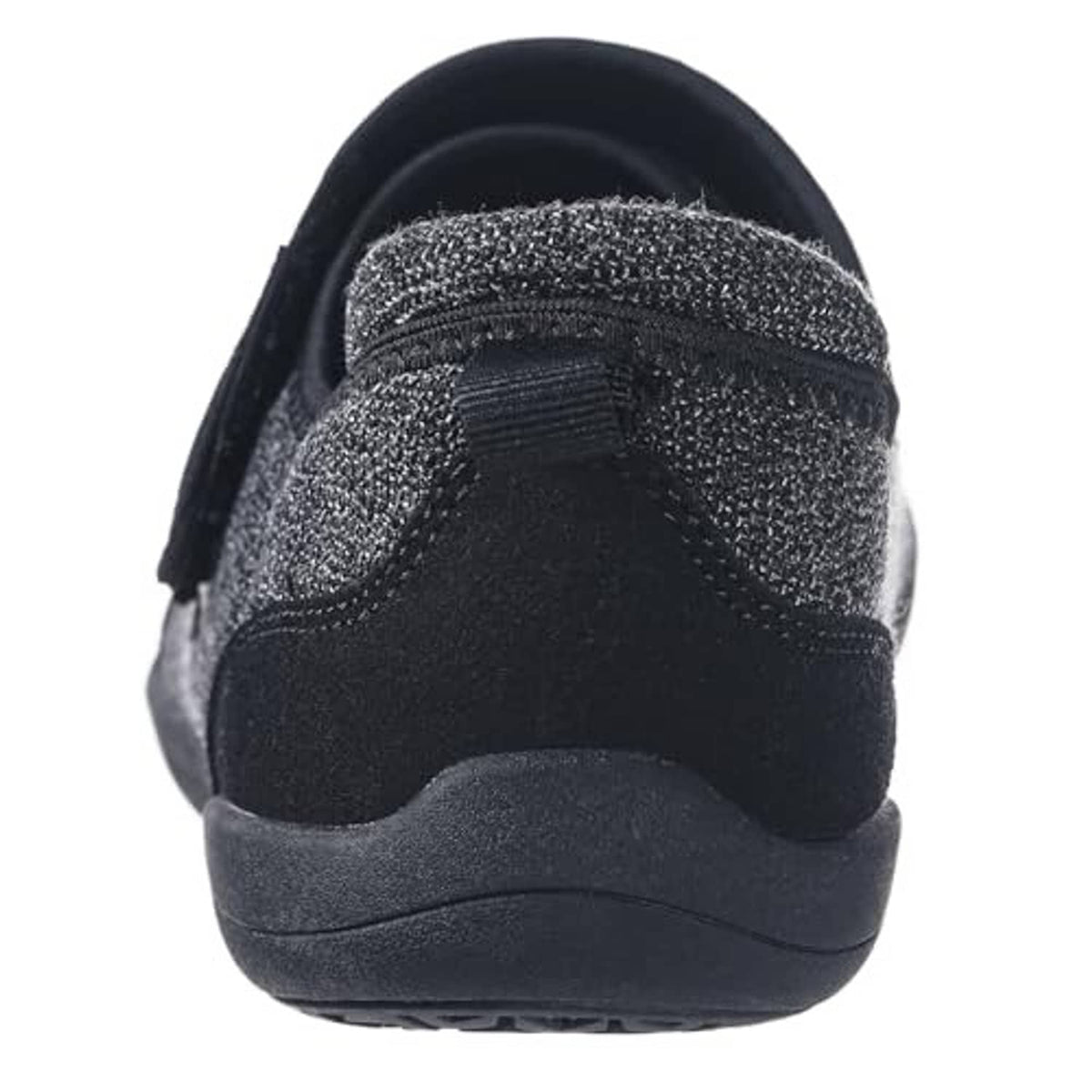 Men’s slip-on slippers rear view, cushioned back and textured dark knit upper