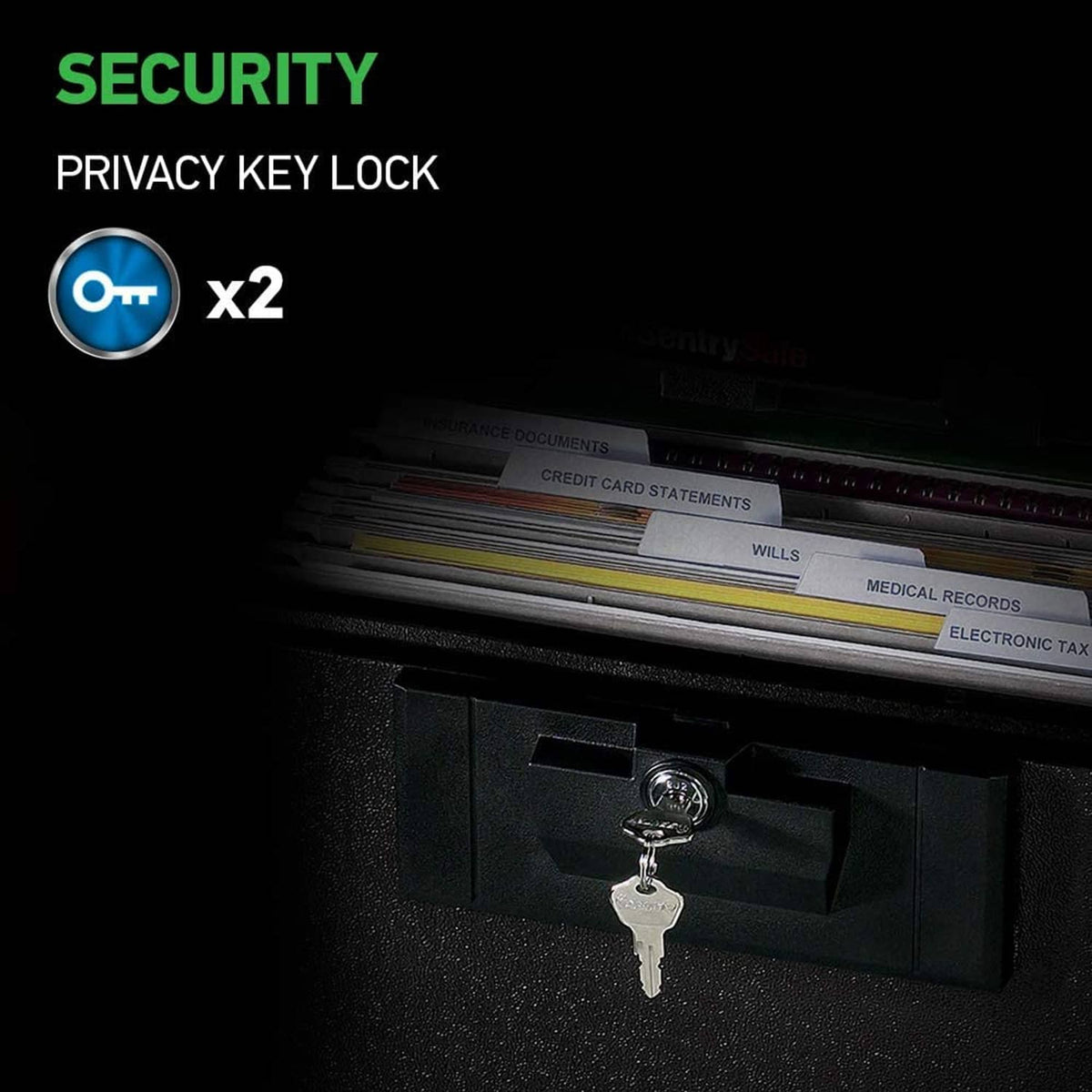 Black fireproof document safe front panel with key lock and keys hanging from latch