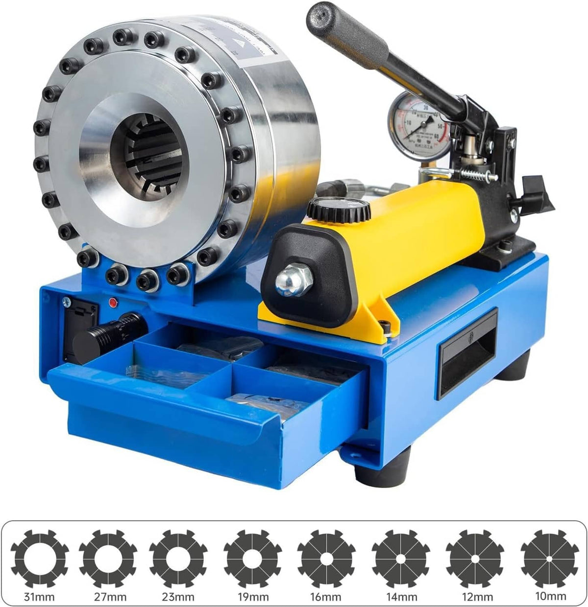 Hydraulic pipe clamping machine front view with silver die head, yellow pump, and blue base