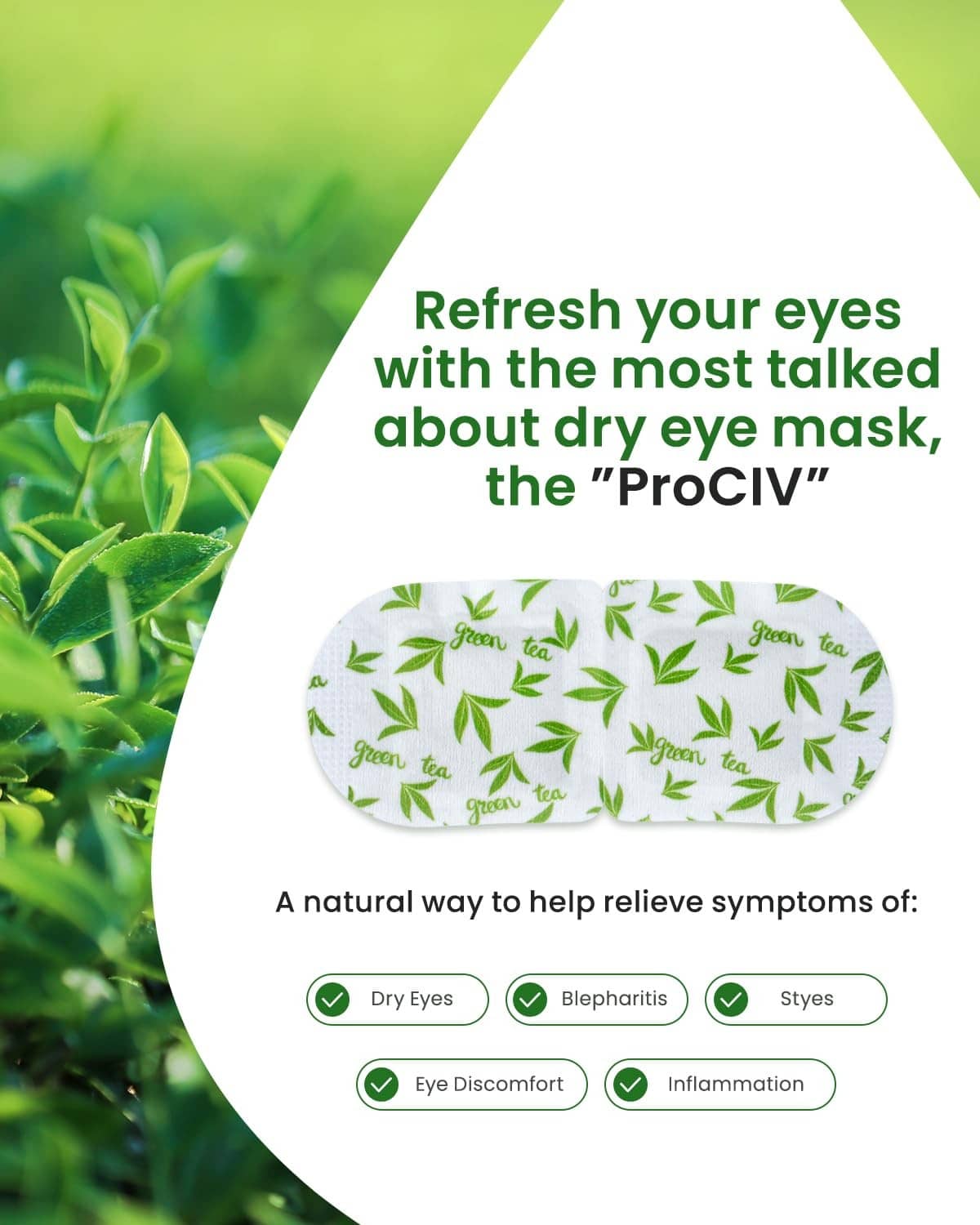 Green tea steam eye mask set, two white leaf-patterned eye pads