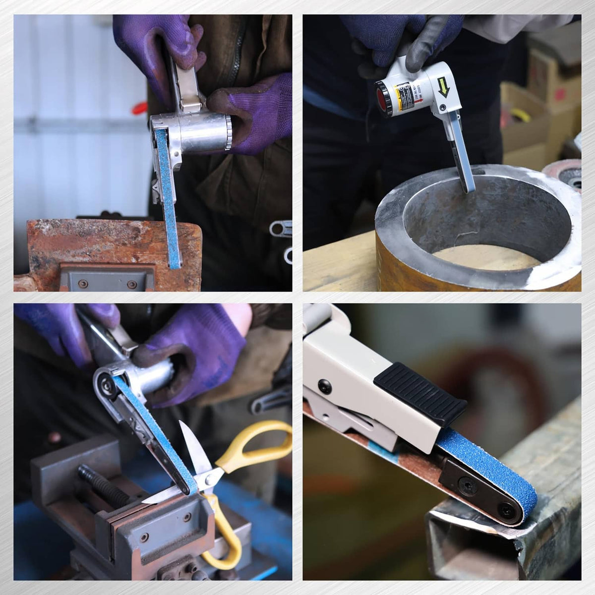 Blue sanding belt mounted on a metal tool, gloved hands operating the sander