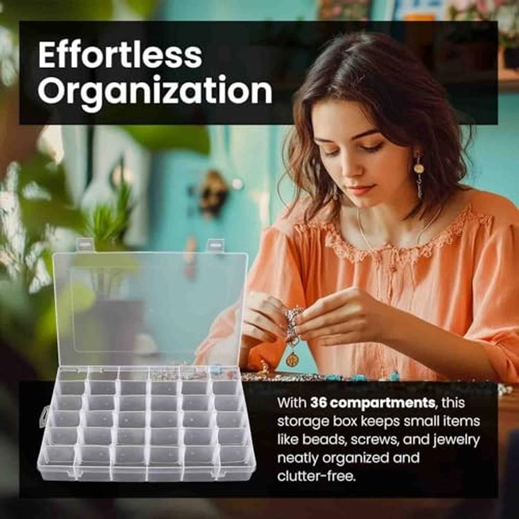 Clear plastic storage box with 36 compartments and flat flip-top lid