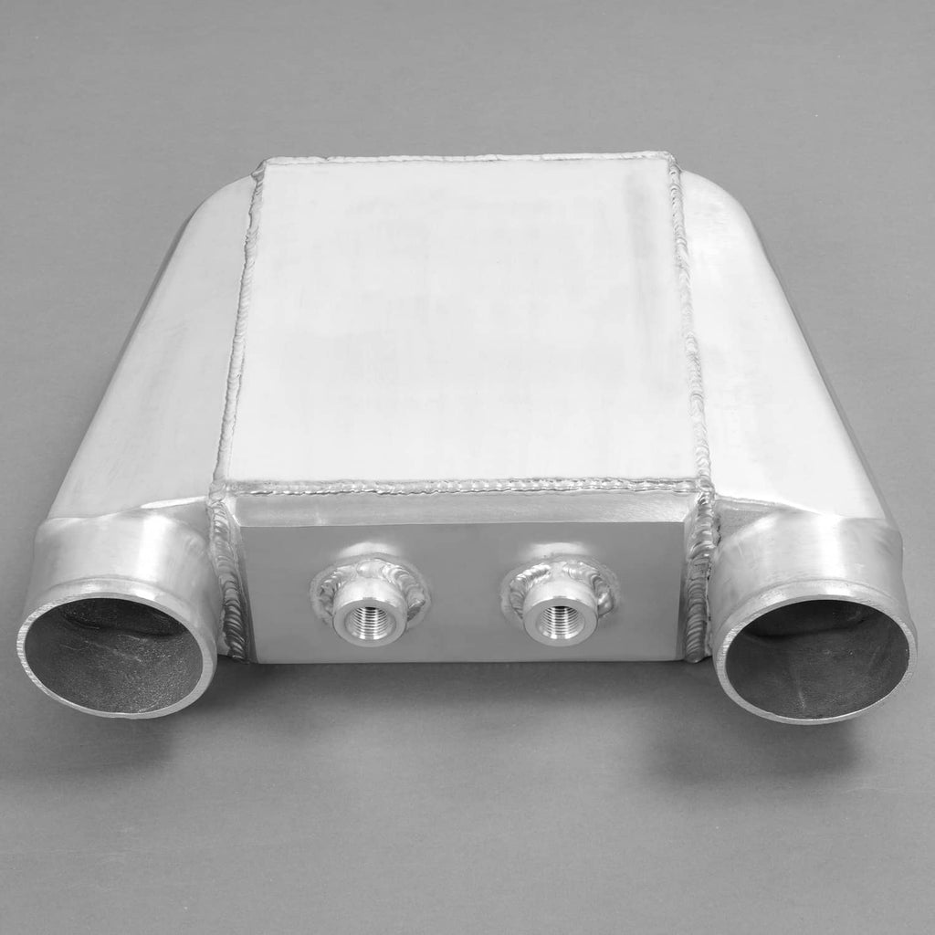 Aluminum water intercooler box with two side outlet tubes and two threaded fittings
