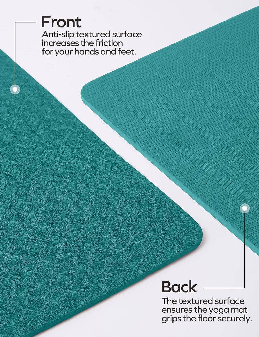 Teal yoga mat with textured anti-slip front and back surfaces for secure grip