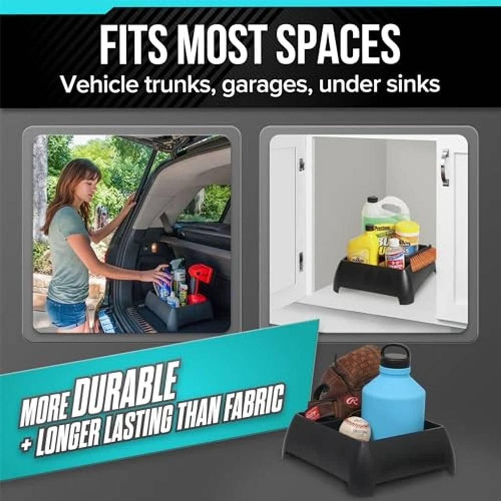 Black open-top storage organizer bin for holding items in tight spaces