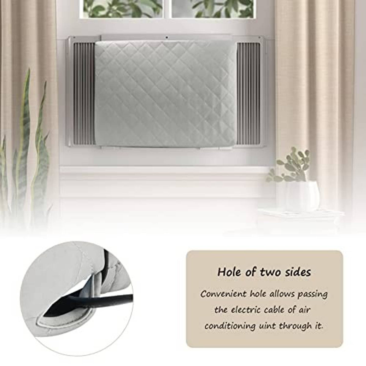 Grey quilted window AC cover installed inside a window with side vent panels.