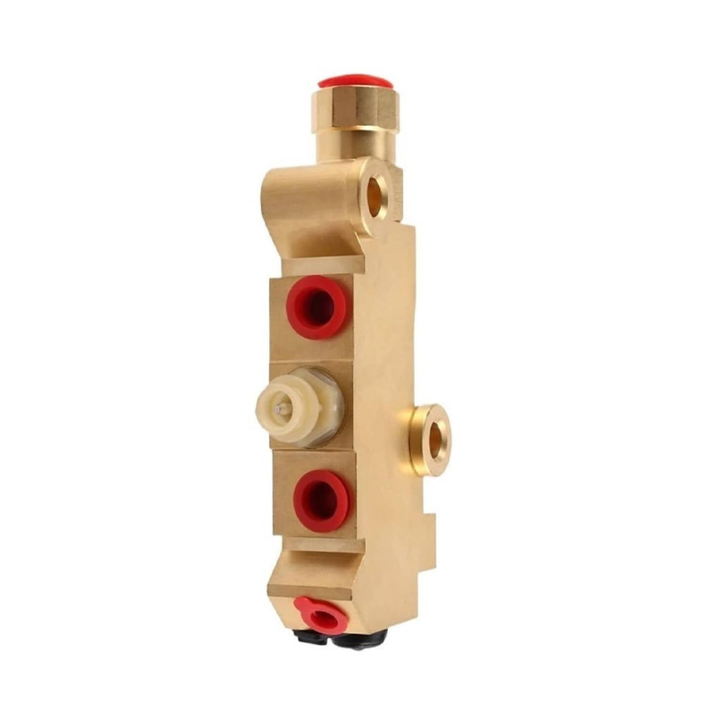 Brass brake proportioning valve with red caps, black vent plug, and side outlet