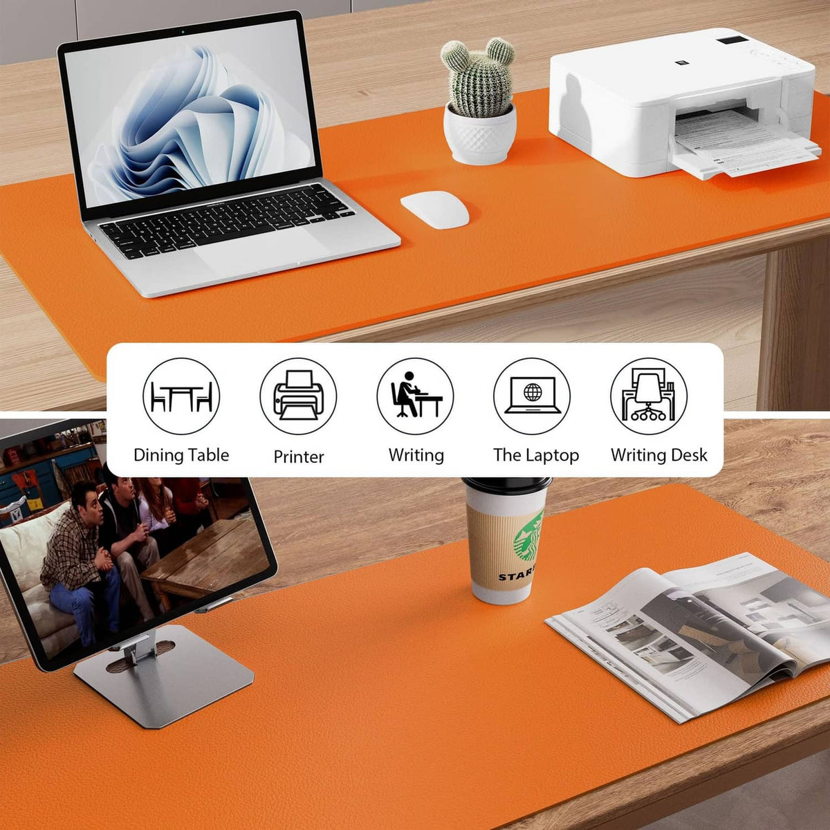 Orange leather desk pad protector laid flat under laptop, printer, and stationery