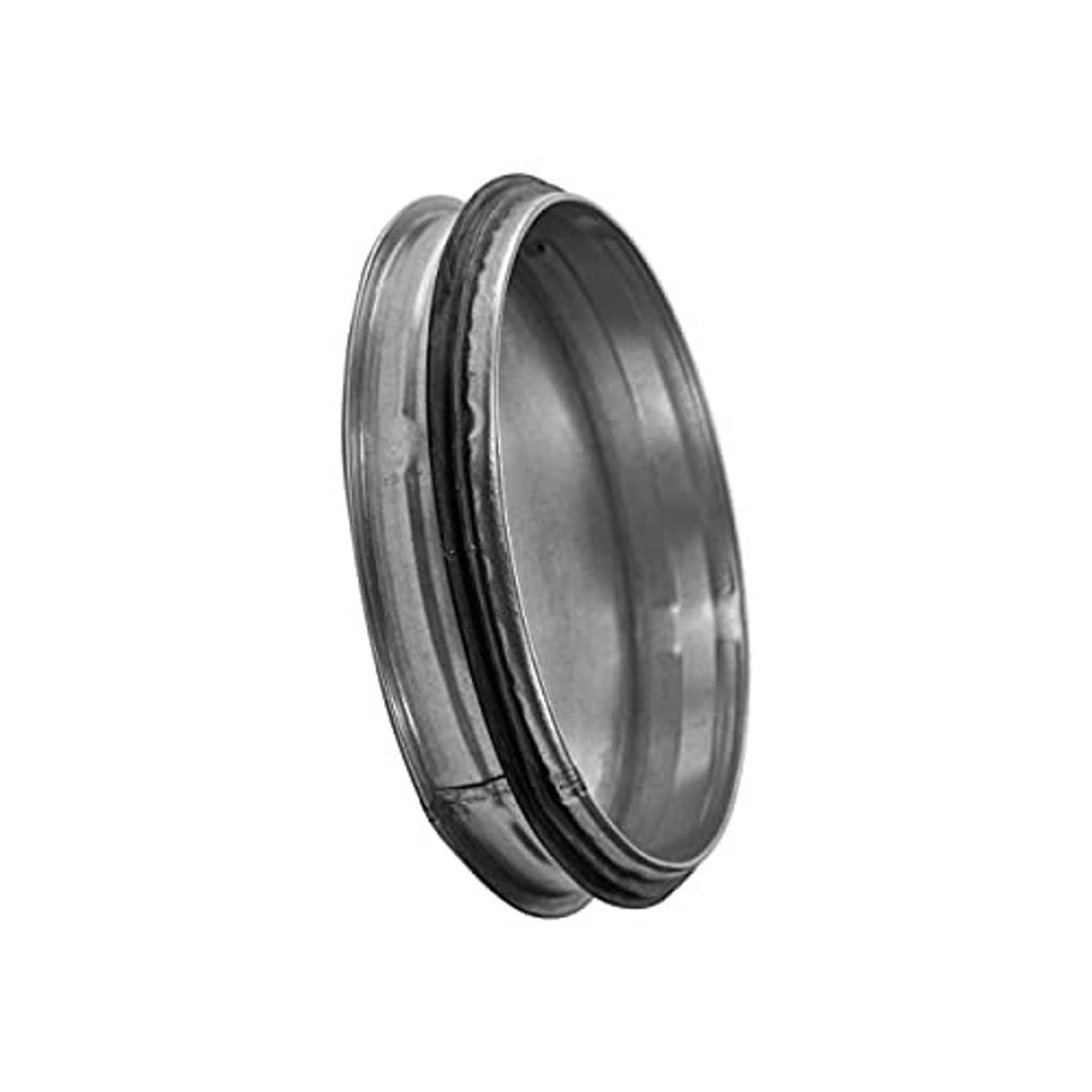 Side profile of galvanized steel tee cap end plug, showing black rubber gasket edge