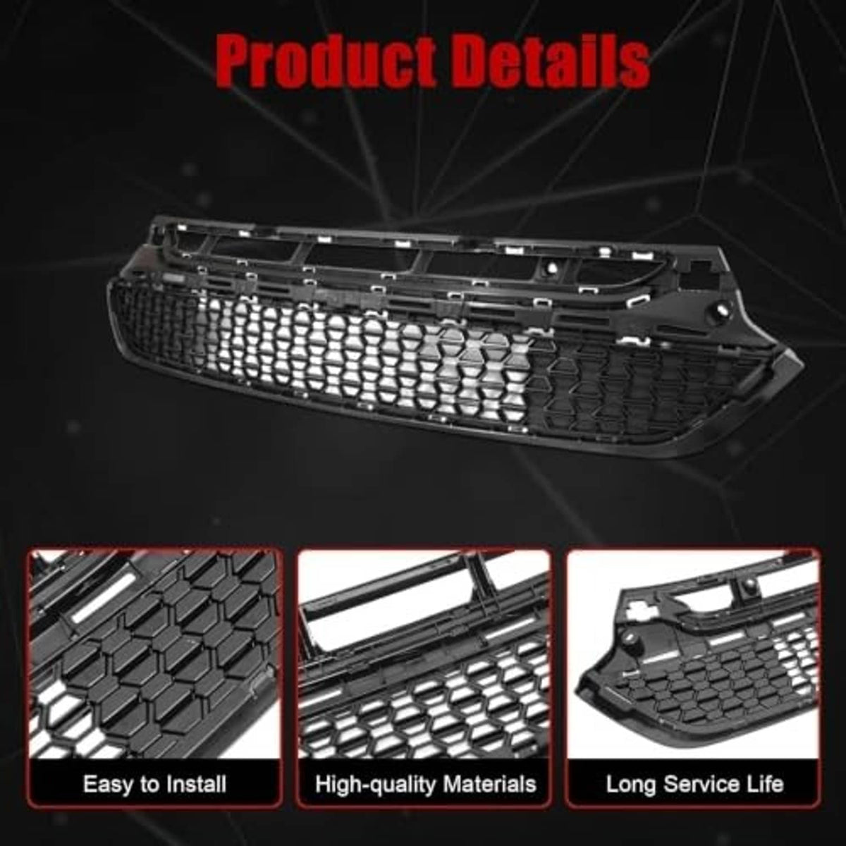 Black front bumper lower grille with honeycomb mesh and top mounting bar