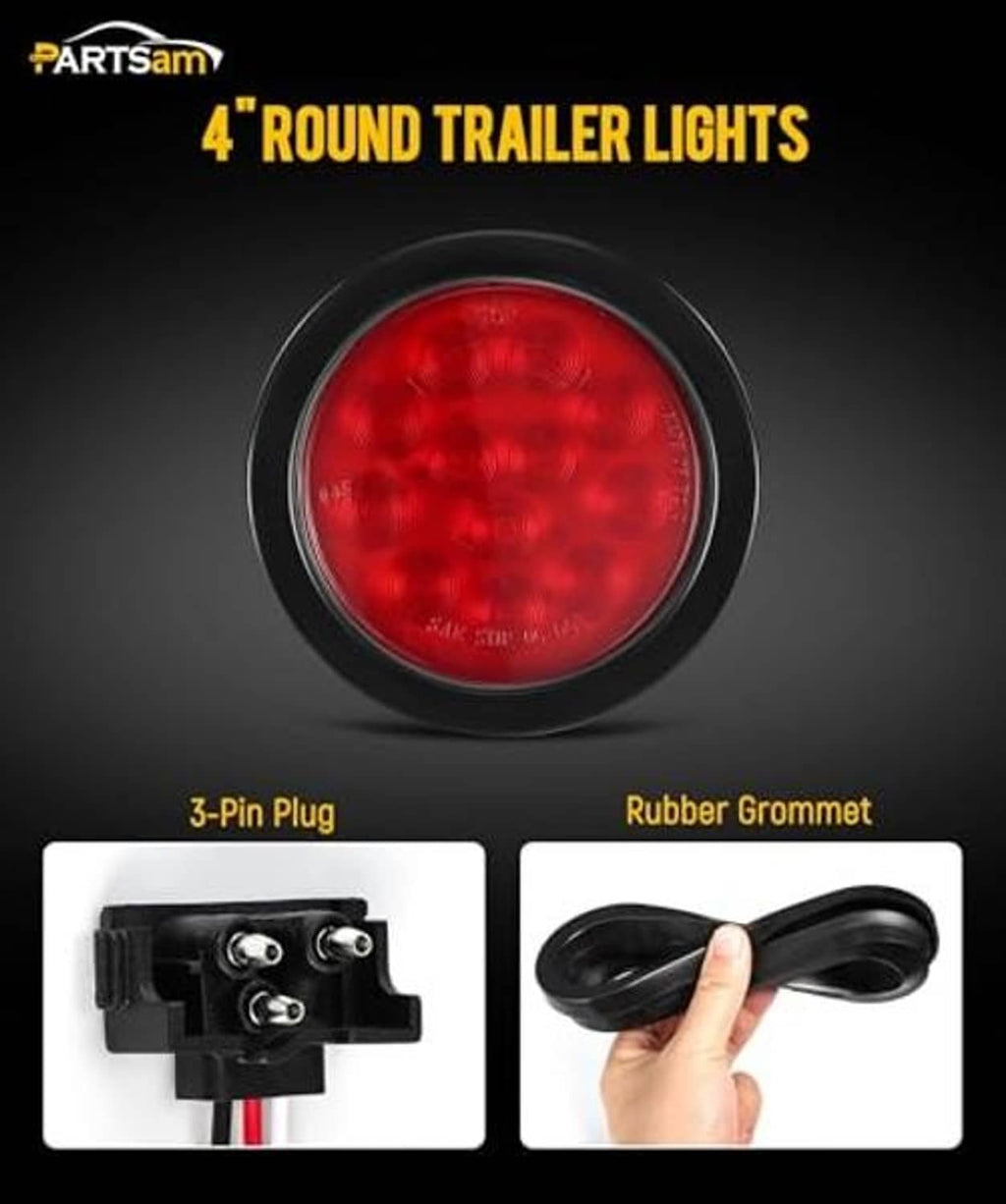 4-inch round red LED trailer light with rubber grommet and 3-pin plug