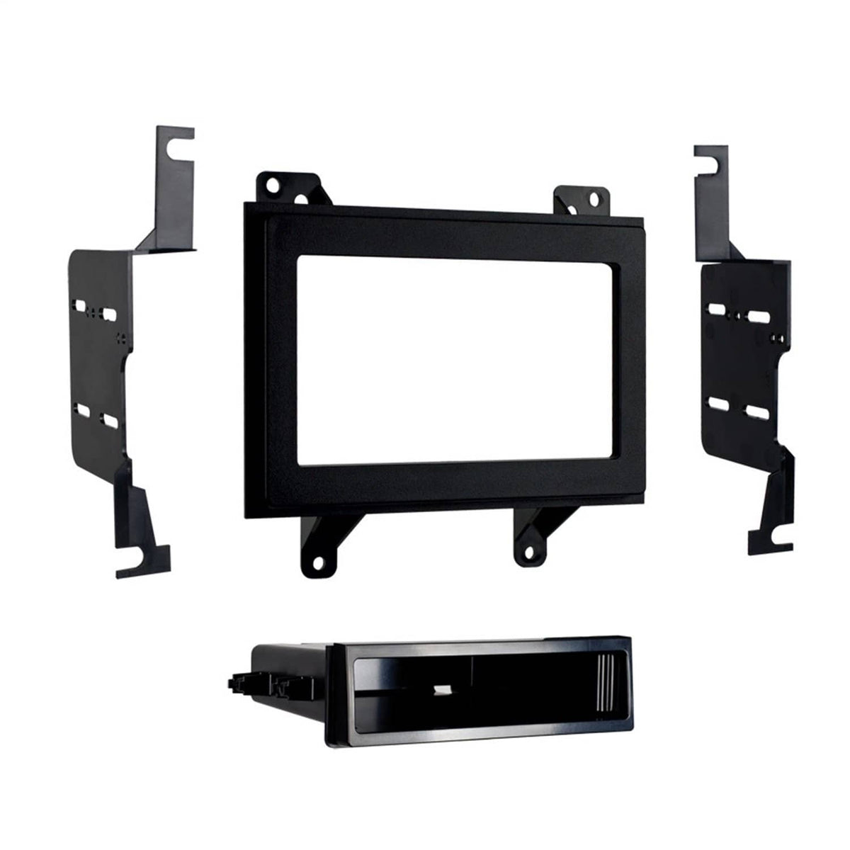 Single DIN dash kit with black bezel frame and mounting brackets for wireless radio