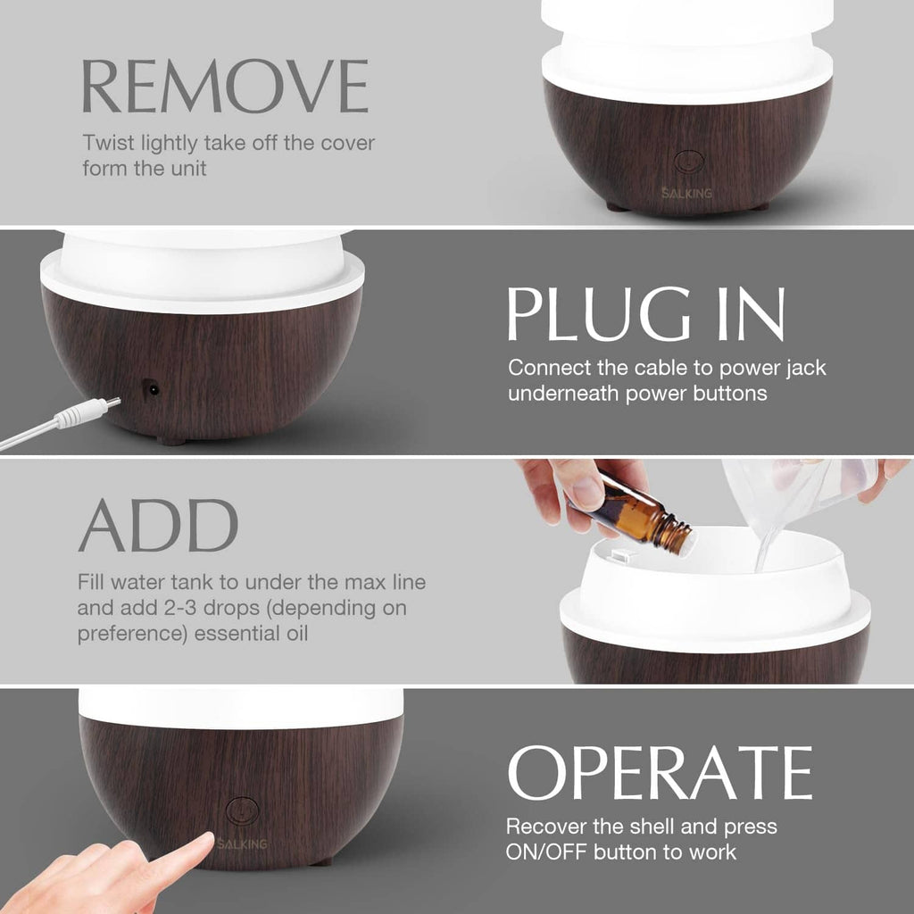 Ultrasonic essential oil diffuser with removable cover and fill-water instructions
