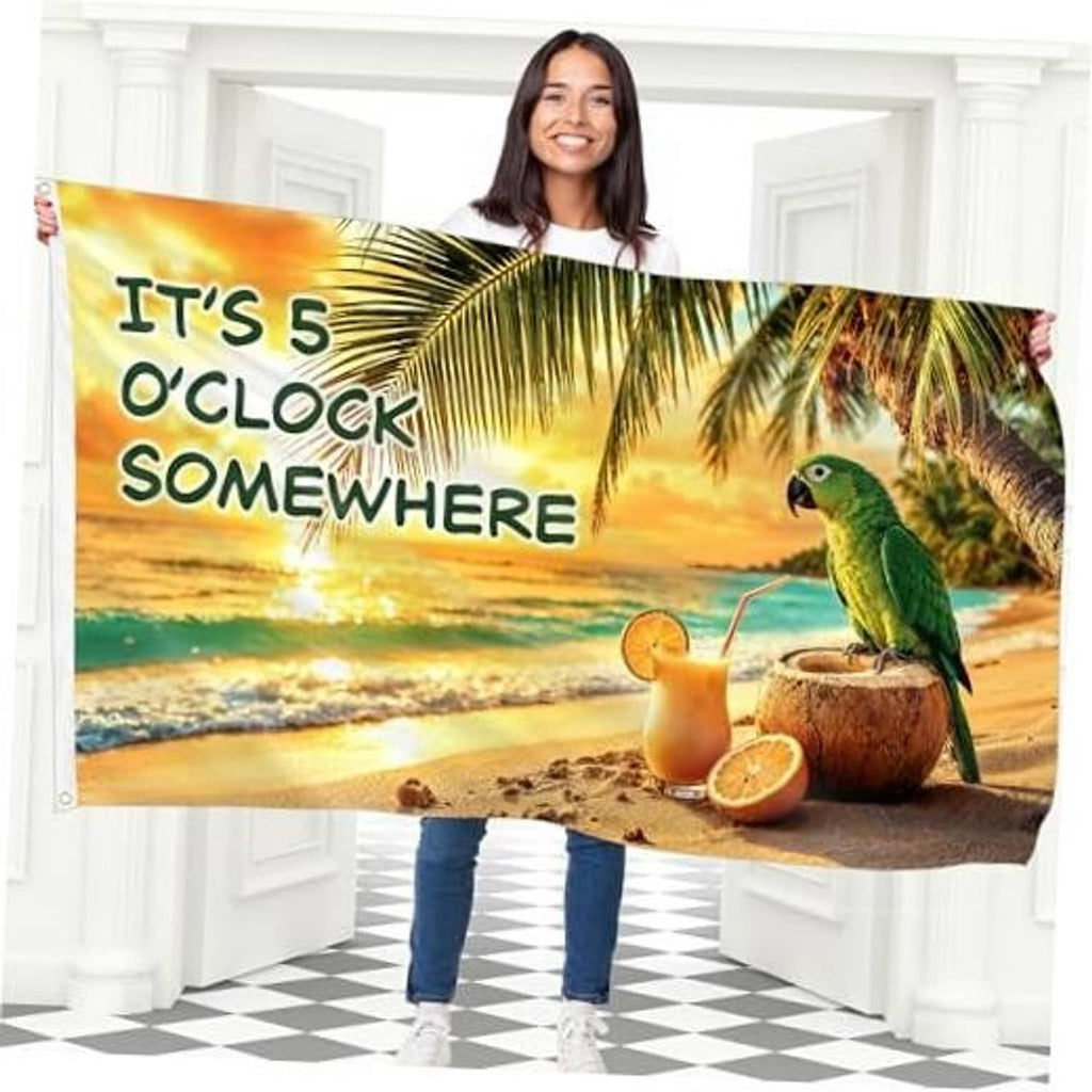 Beach parrot printed flag with "It's 5 O'Clock Somewhere" text