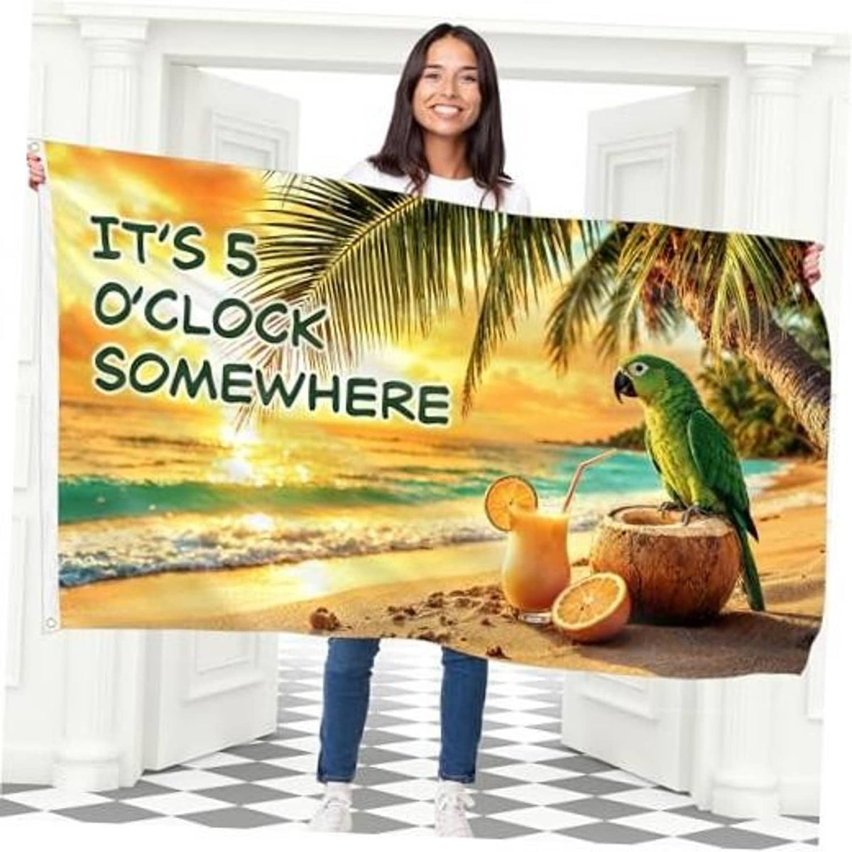 Beach parrot printed flag with "It's 5 O'Clock Somewhere" text