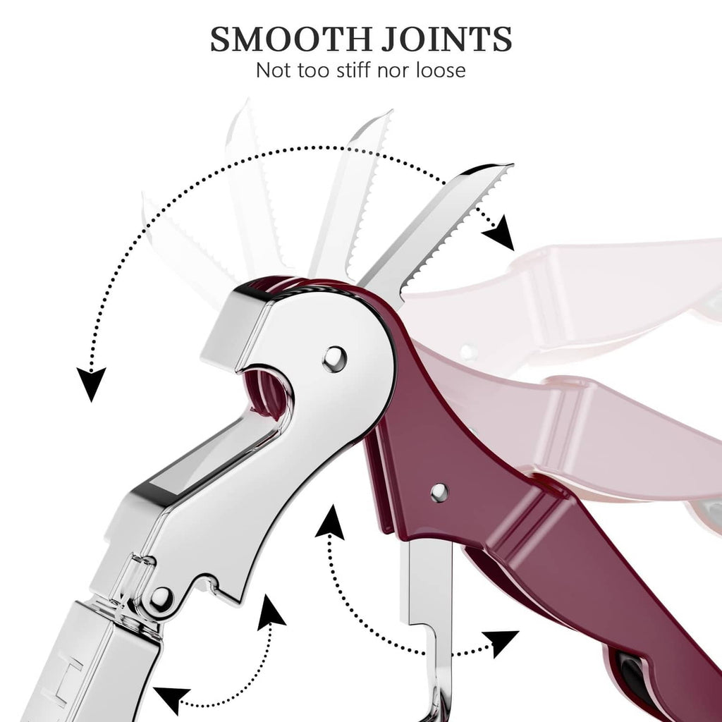 Burgundy and silver wine corkscrew head with hinged levers and cork-pull worm tip