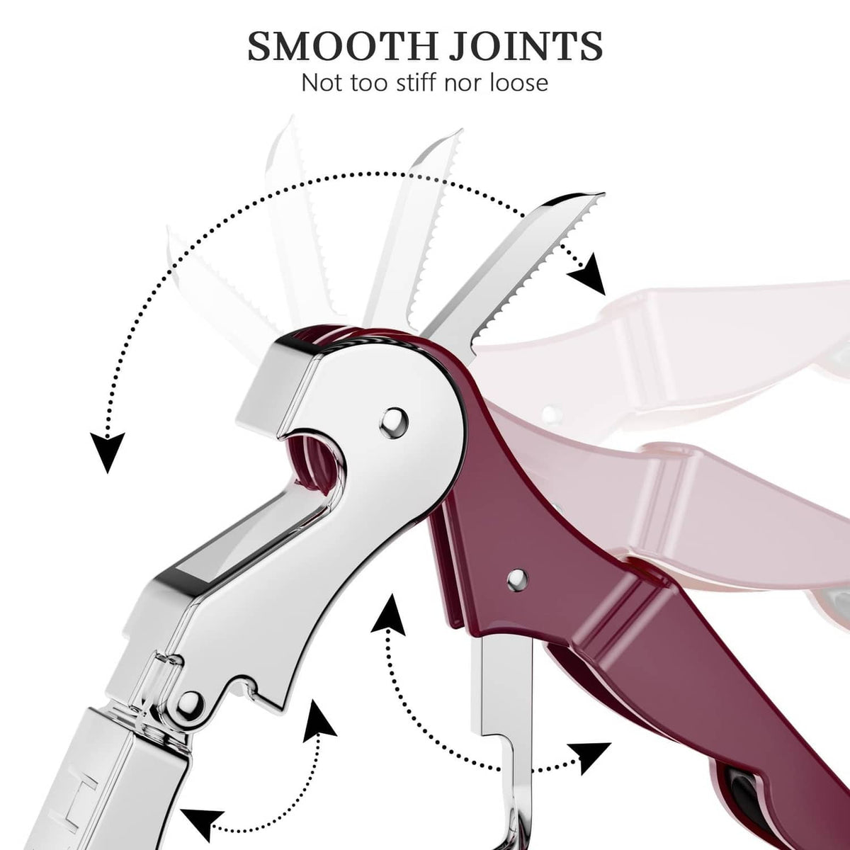 Burgundy and silver wine corkscrew head with hinged levers and cork-pull worm tip