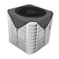 Dark gray mesh cover with elastic straps over outdoor air conditioner top vent
