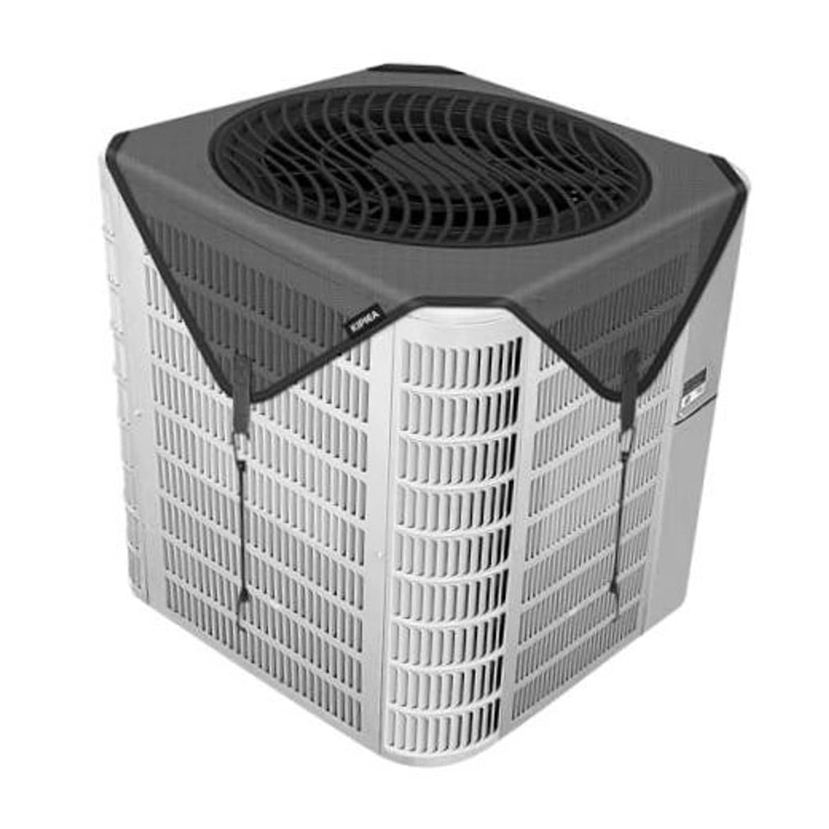 Dark gray mesh cover with elastic straps over outdoor air conditioner top vent