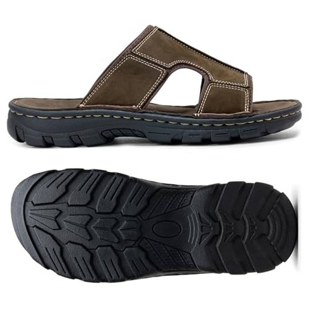 Men's dark brown leather slide sandals, side view with textured outsole tread and stitched straps