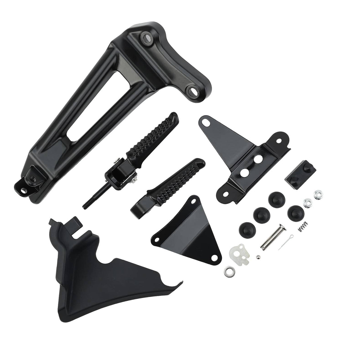 Black passenger footpeg and bracket hardware kit with pegs, plates, and bolts