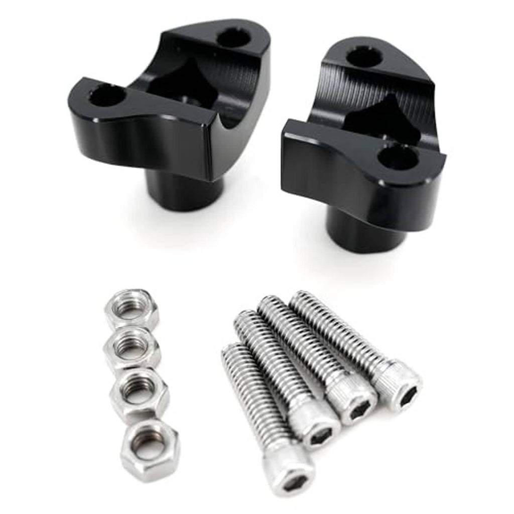 Black CNC handlebar risers with threaded clamp inserts and silver mounting bolts